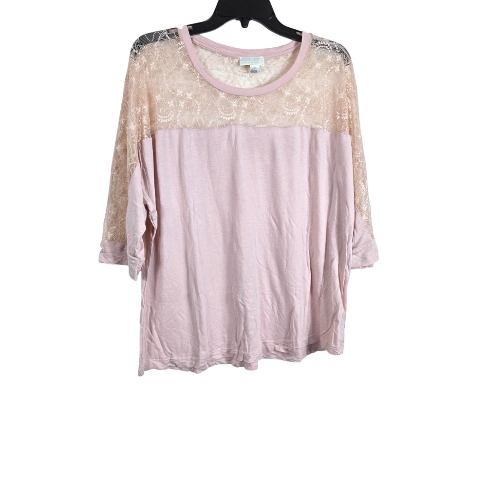 Forever 21 Womens Light Pink 3/4 Sleeve Lace Yoke Soft Mixed Media Chic Top 1X